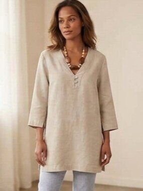 Grace Elements Women's Size 8 Oatmeal 100% Linen 3/4 Sleeve V-Neck Vented Top